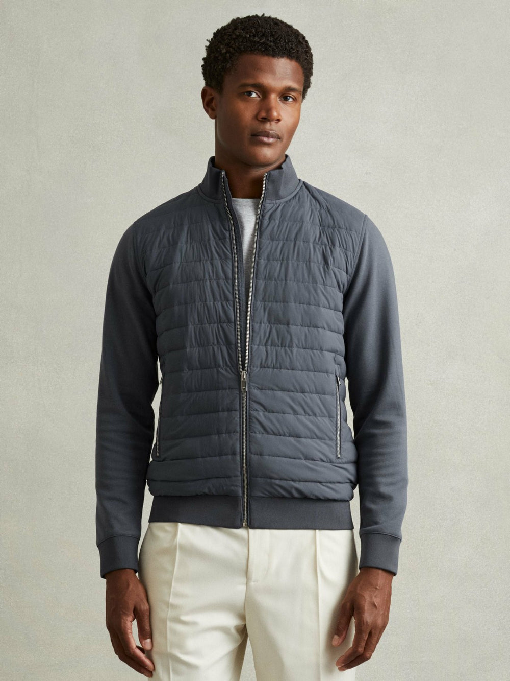 Hybrid Quilt and Knit Zip-Through Jacket Airforce Blue | Mens