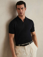 Merino Wool Open Collar Polo Shirt Navy | Mens