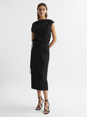 Premium Linen Blend Open-Back Midi Dress Black | Womens