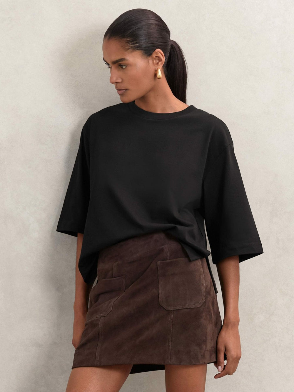 Oversized Cotton Crew Neck T-Shirt Black | Womens