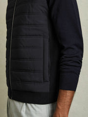 Hybrid Quilt and Knit Zip-Through Gilet Navy | Mens