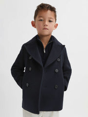 9-13 yrs Wool Blend Twill Double Breasted Coat Navy | Children