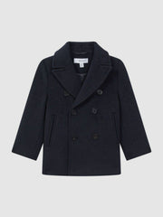 9-13 yrs Wool Blend Twill Double Breasted Coat Navy | Children