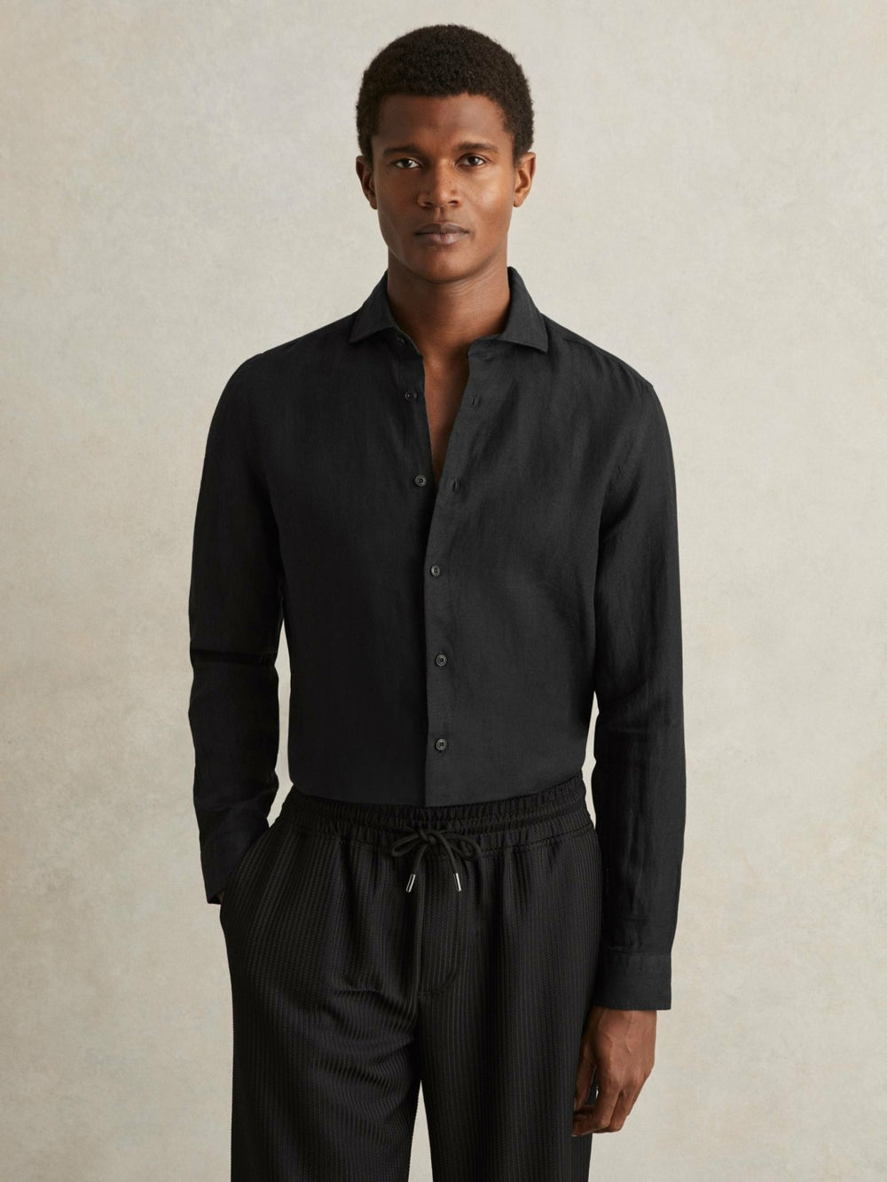 Linen Button-Through Shirt Black | Mens