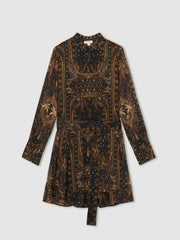 Botanical-Print Chiffon Mini Dress Navy | Womens