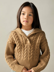 4-9 yrs Cotton-Blend Open-Collar Cable-Knit Jumper With Wool Camel | Children