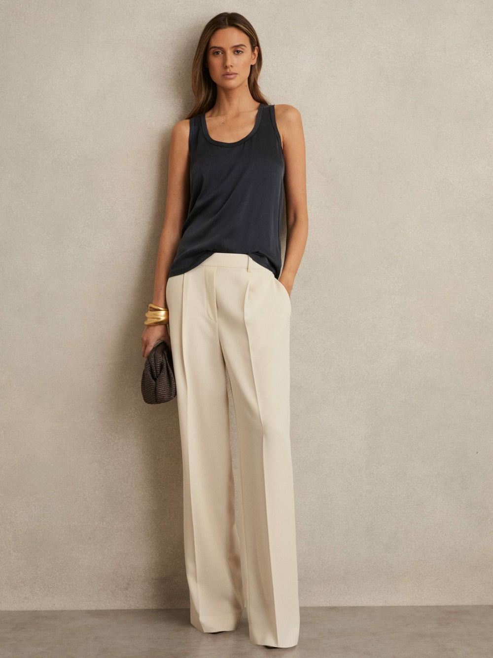 Elasticated-Waist Wide-Leg Twill Trousers Cream | Womens