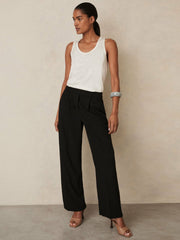 Elasticated-Waist Wide-Leg Twill Trousers Black | Womens