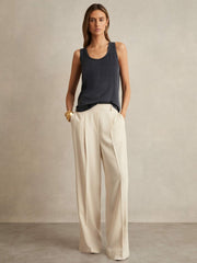 Petite Elasticated-Waist Wide-Leg Twill Trousers Cream | Womens