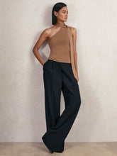 Petite Elasticated-Waist Wide-Leg Twill Trousers Navy | Womens