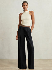 Elasticated-Waist Wide-Leg Twill Trousers Navy | Womens