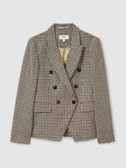 Cotton-Linen Double-Breasted Houndstooth-Check Blazer Navy Neutral Check | Womens