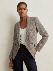 Petite Cotton-Linen Double-Breasted Houndstooth-Check Blazer Navy Neutral Check | Womens