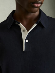 Contrast-Placket Polo Shirt With Cotton Navy | Mens