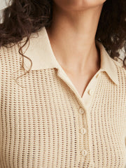 Cotton-Blend Open-Knit Polo Shirt Ivory | Womens