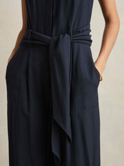 Wide-Leg Belted Jumpsuit Navy | Womens