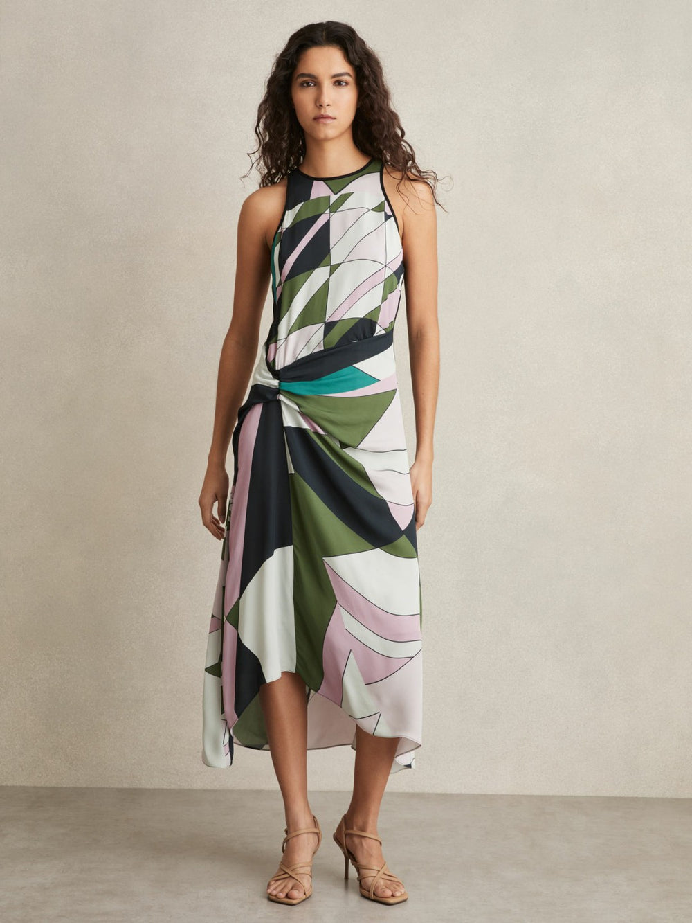 Geometric-Print Gathered Midi Dress Green | Womens