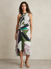 Geometric-Print Gathered Midi Dress Green | Womens