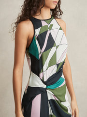 Geometric-Print Gathered Midi Dress Green | Womens
