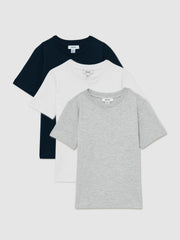 3-9 yrs Cotton Crew-Neck T-Shirts 3 Pack White/Navy/Soft Grey | Children