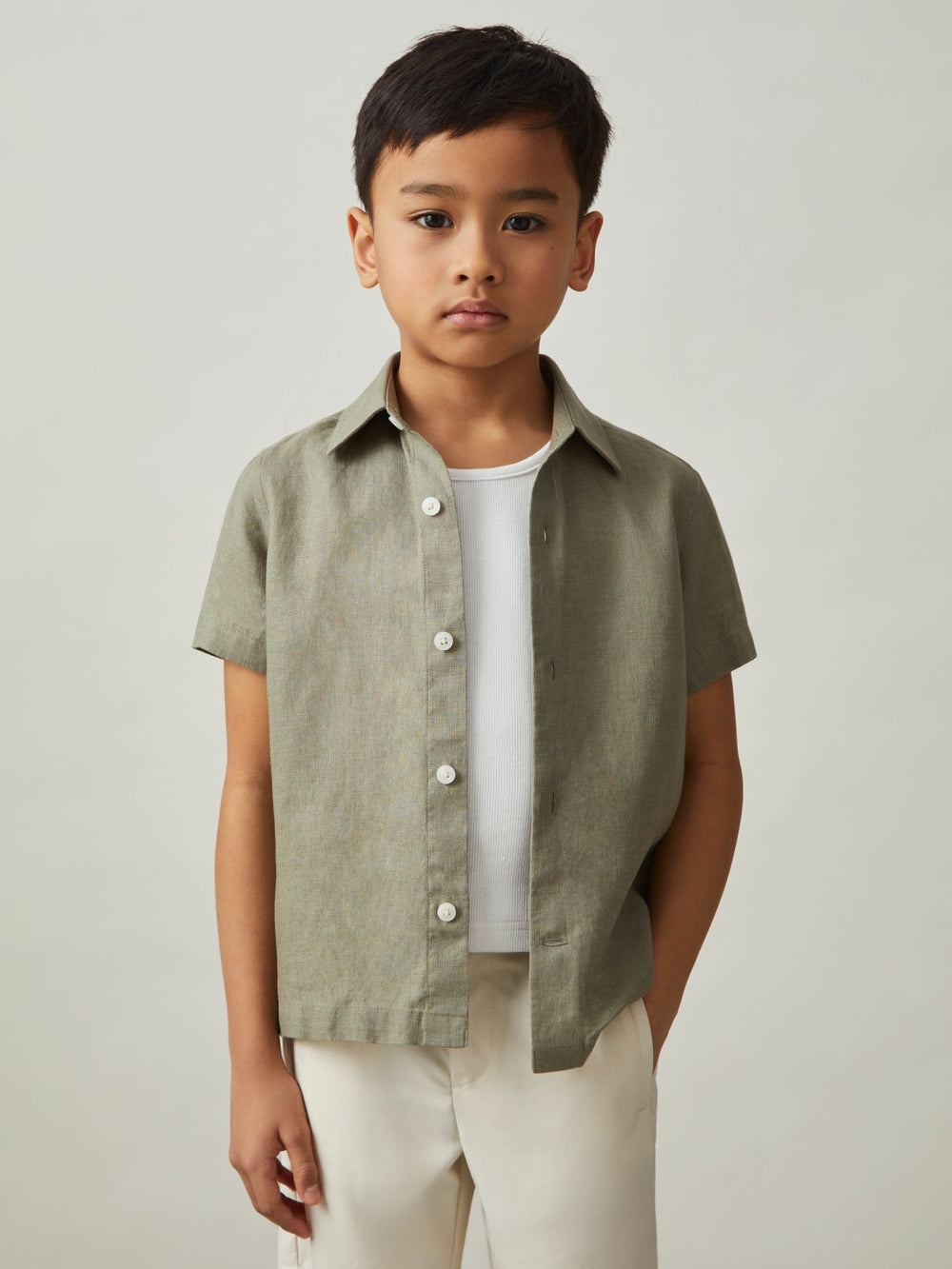 3-9 yrs Short Sleeve Linen Shirt Thyme Green | Children