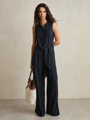 Petite Wide-Leg Belted Jumpsuit Navy | Womens