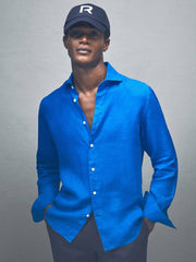 Linen Button-Through Shirt Bright Blue | Mens