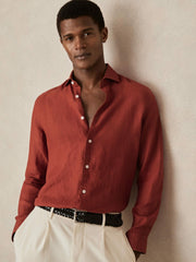 Linen Button-Through Shirt Paprika Red | Mens