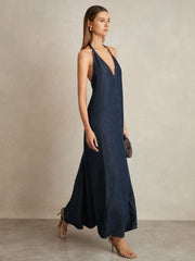 Denim Halterneck Maxi Dress Indigo | Womens