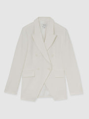 Petite Linen-Blend Double-Breasted Suit Jacket White | Womens