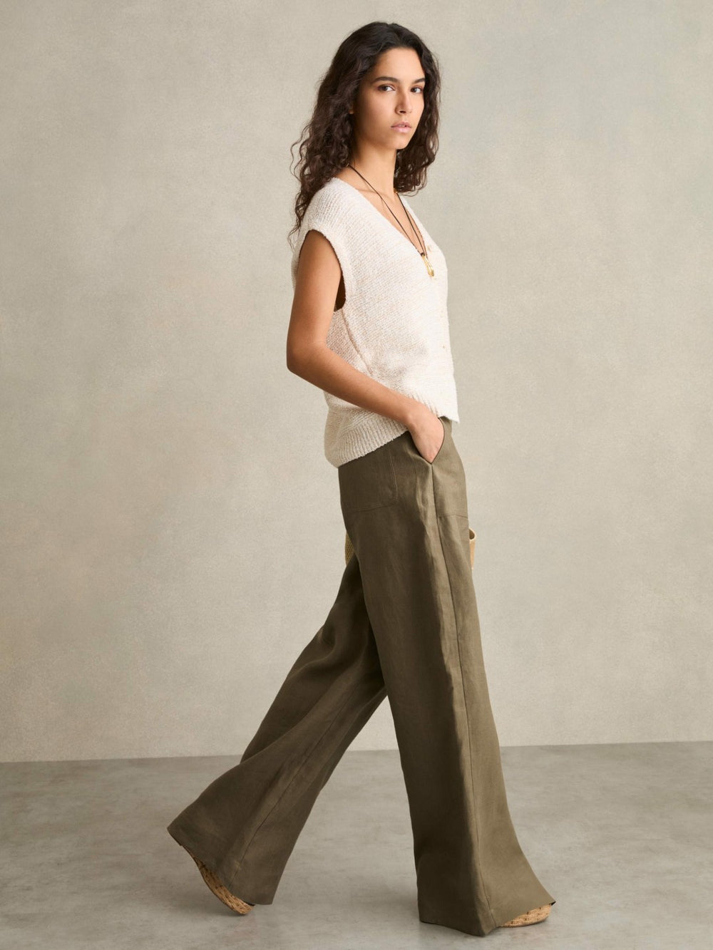 Petite Linen Wide Leg Trousers Khaki | Womens