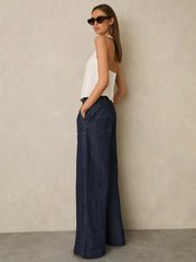 Petite Linen Wide Leg Trousers Indigo | Womens