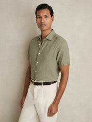 Slim Fit Linen Button-Through Shirt Thyme Green | Mens