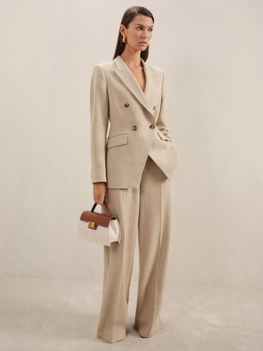 Petite Linen-Blend Double-Breasted Suit Jacket Neutral | Womens