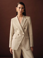 Petite Linen-Blend Double-Breasted Suit Jacket Neutral | Womens
