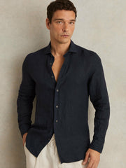 Linen Button-Through Shirt Navy | Mens