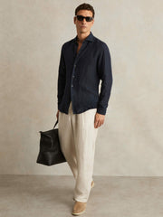 Linen Button-Through Shirt Navy | Mens