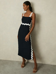 Wave-Trim Crepe Midi Dress Navy | Womens