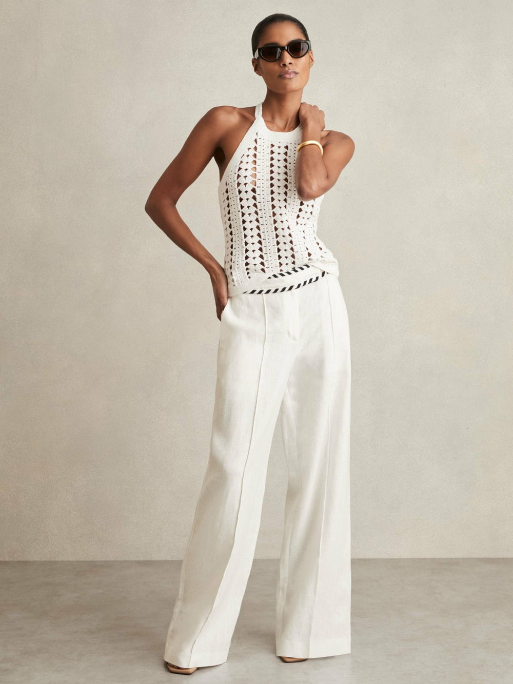 Linen Wide-Leg Whipstitch Trousers White | Womens