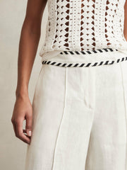 Petite Linen Wide-Leg Whipstitch Trousers White | Womens
