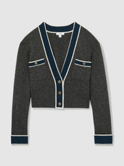 Wool-Cashmere Tipped V-Neck Cardigan Charcoal | Womens