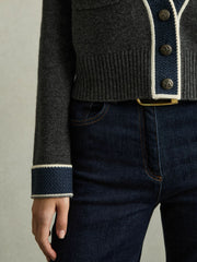 Wool-Cashmere Tipped V-Neck Cardigan Charcoal | Womens
