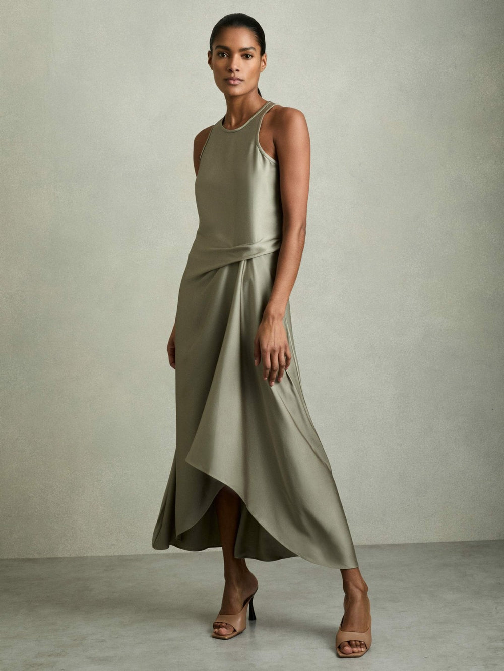 Satin Drape Tuck Midi Dress Khaki | Womens