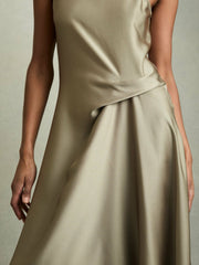 Satin Drape Tuck Midi Dress Khaki | Womens