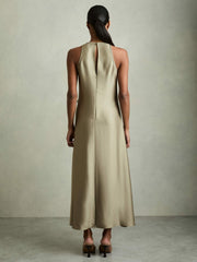 Satin Drape Tuck Midi Dress Khaki | Womens