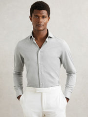 Cotton-Blend Jersey Cutaway-Collar Shirt Grey Melange | Mens