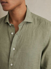 Linen Button-Through Shirt Thyme Green | Mens