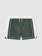 Colour-Block Piped-Trim Swim Shorts Dark Green/White | Mens