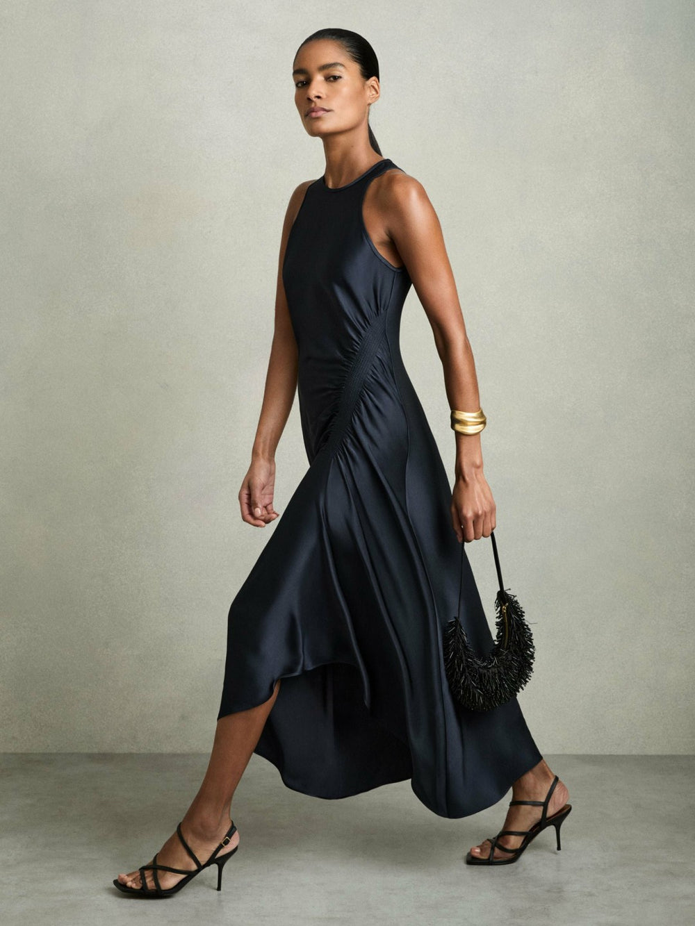 Satin Shirred Midi Dress Navy | Womens
