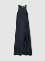 Satin Shirred Midi Dress Navy | Womens